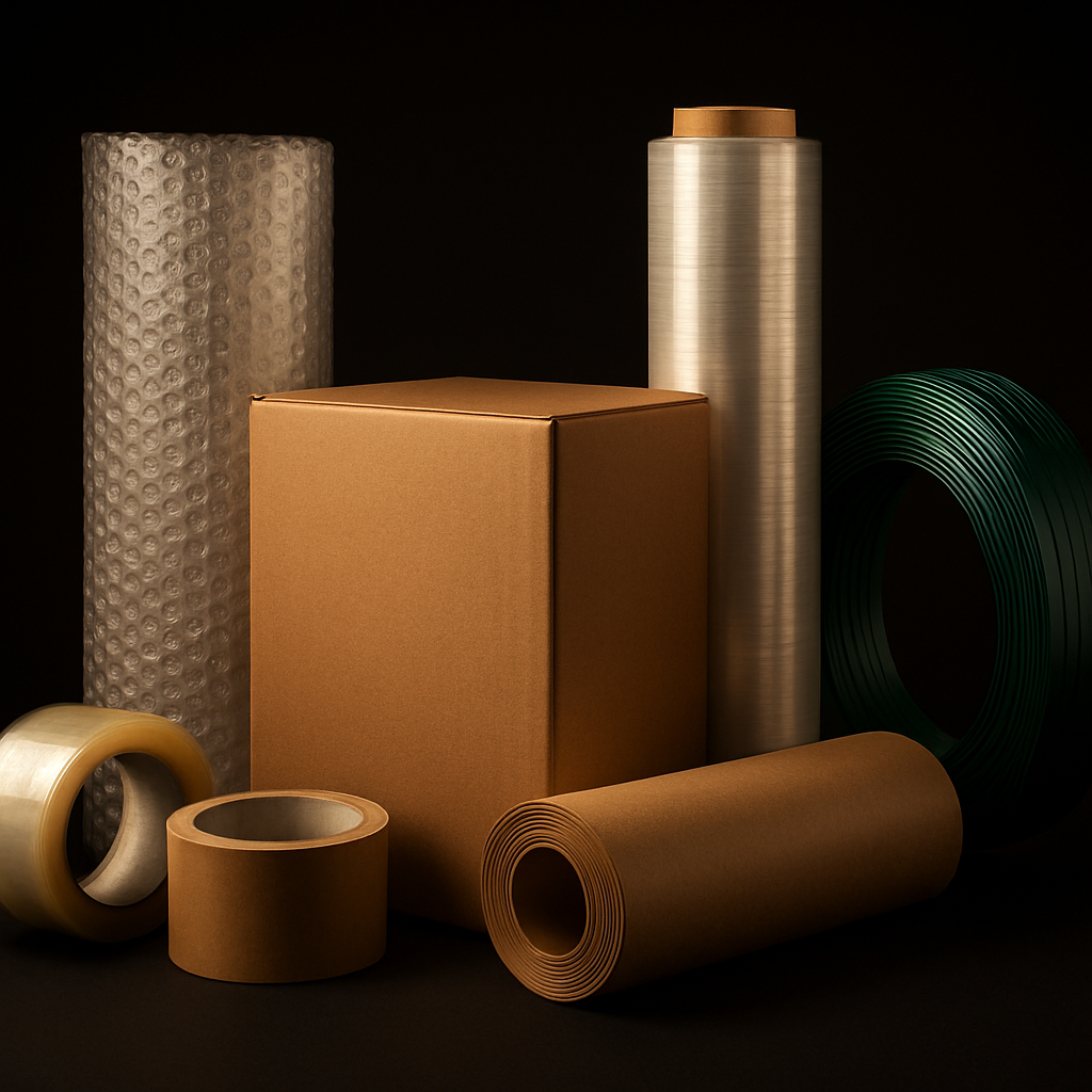 Variedade de produtos LHS Embalagens: plástico bolha, caixas, filme stretch, fitas e papel kraft